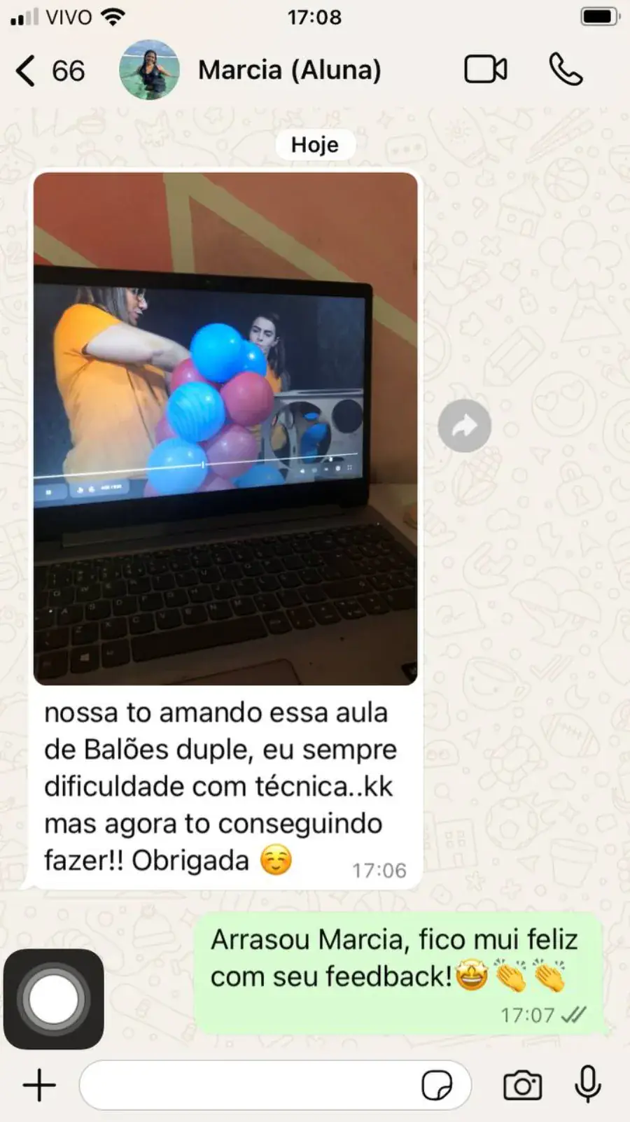 Depoimento real da aluna Marcia via WhatsApp