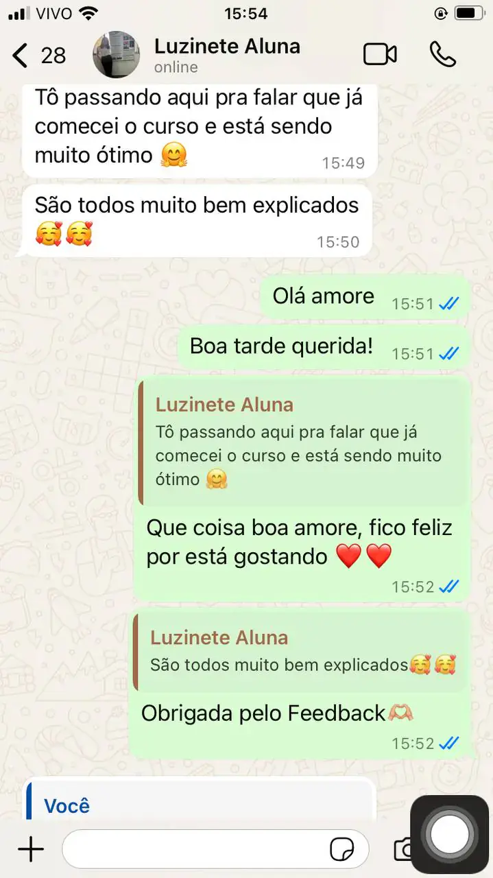 Depoimento real da aluna Luzinete via WhatsApp